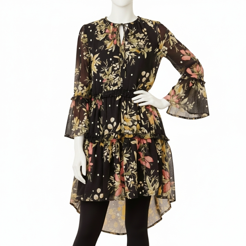 Rachel Zoe Size L Tunic Black Chiffon Floral Swing Cover-up Long Sleeve Spring
